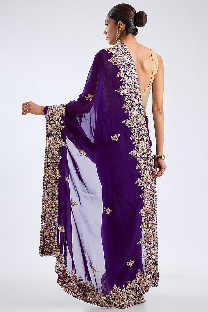 Purple Organza Embroidered Bridal Saree Set by Kalighata at Pernia's Pop Up Shop