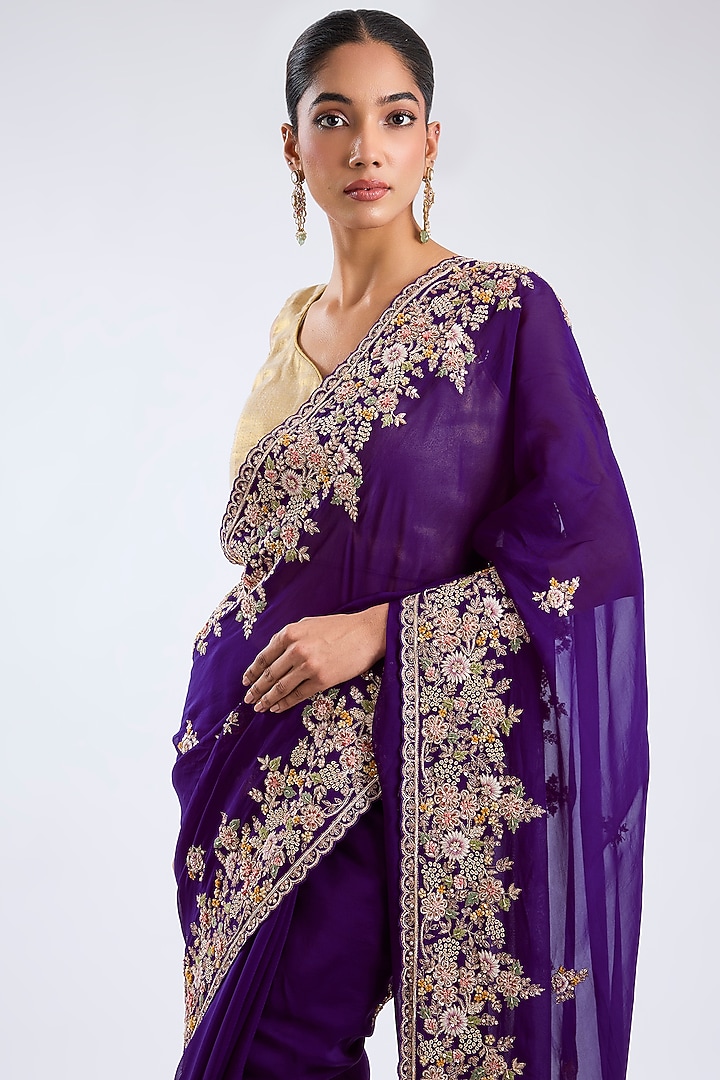 Purple Organza Embroidered Bridal Saree Set by Kalighata at Pernia's Pop Up Shop