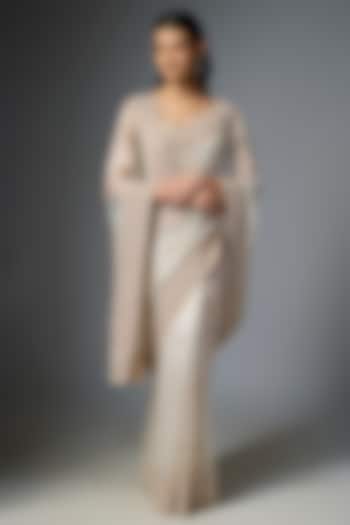 Grey Tissue Embroidered Bridal Saree Set by Kalighata at Pernia's Pop Up Shop