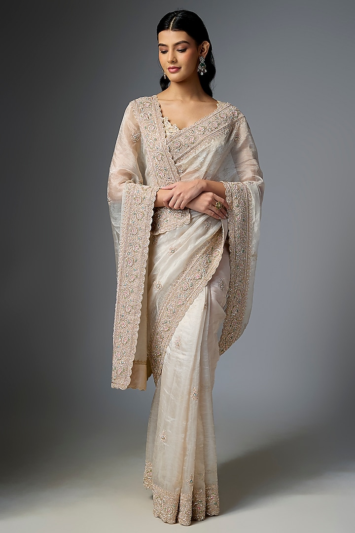 Grey Tissue Embroidered Bridal Saree Set by Kalighata at Pernia's Pop Up Shop