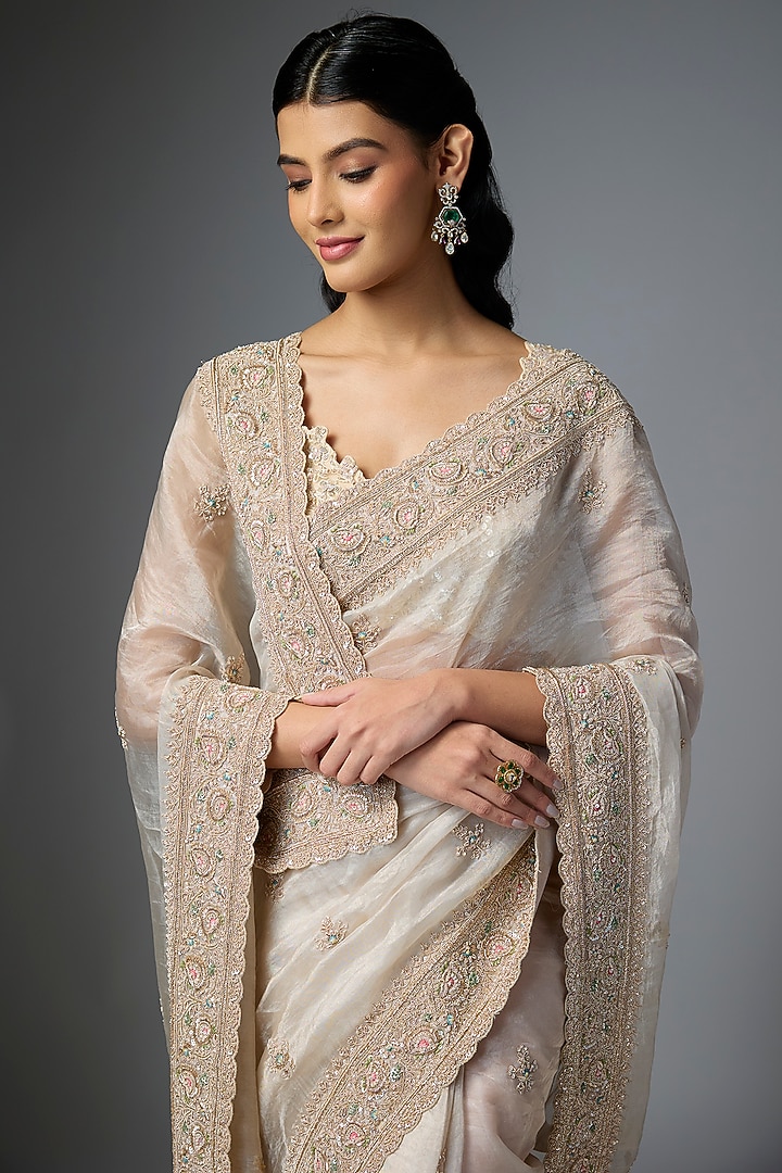 Grey Tissue Embroidered Bridal Saree Set by Kalighata at Pernia's Pop Up Shop