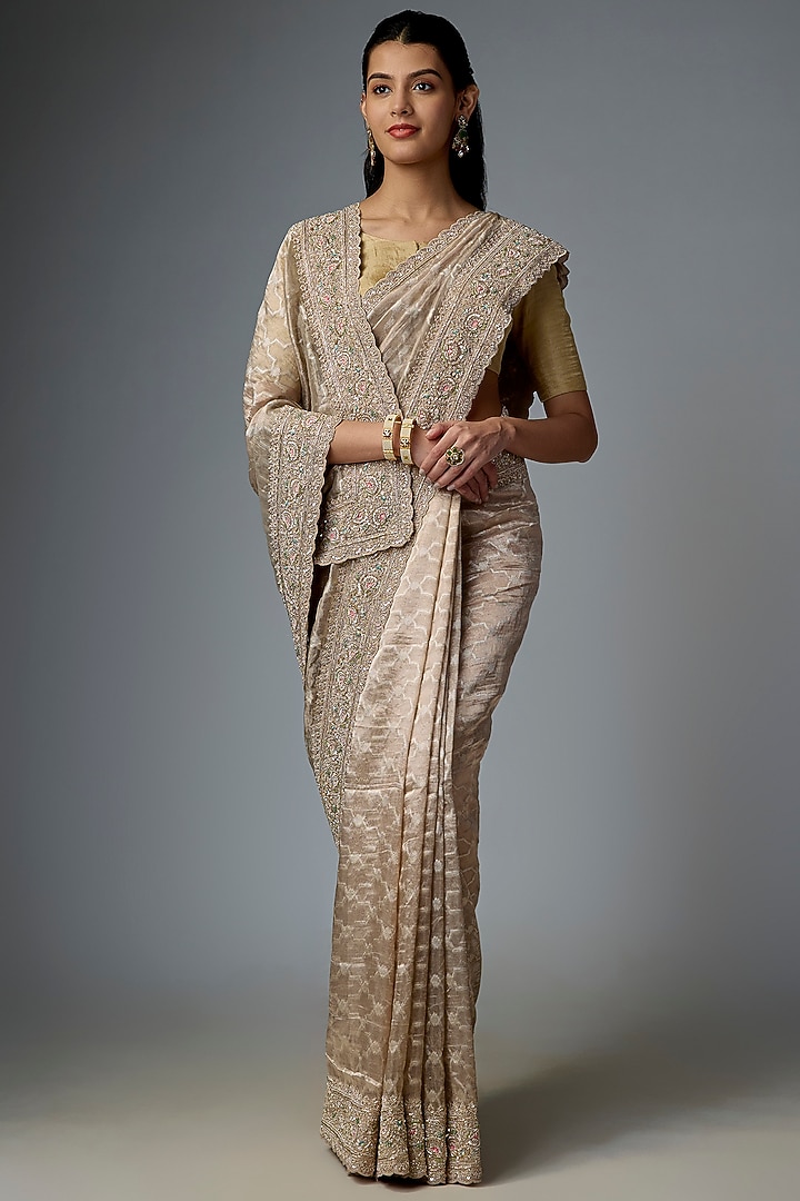 Grey Tissue Embroidered Reception Saree Set by Kalighata at Pernia's Pop Up Shop