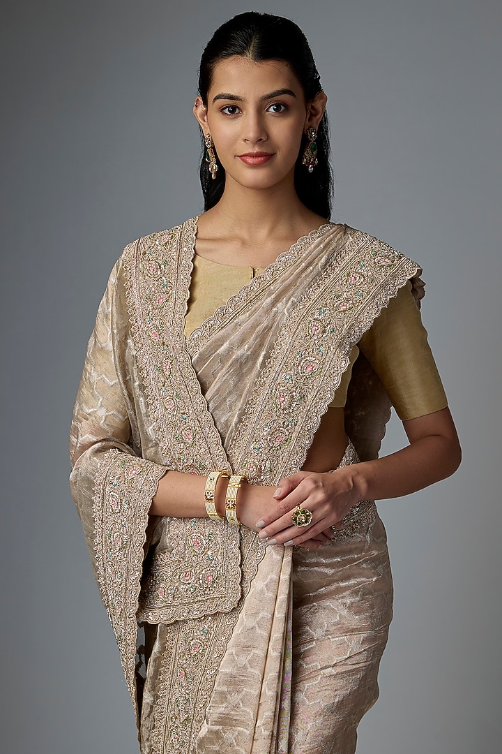 Grey Tissue Embroidered Bridal Saree Set by Kalighata at Pernia's Pop Up Shop