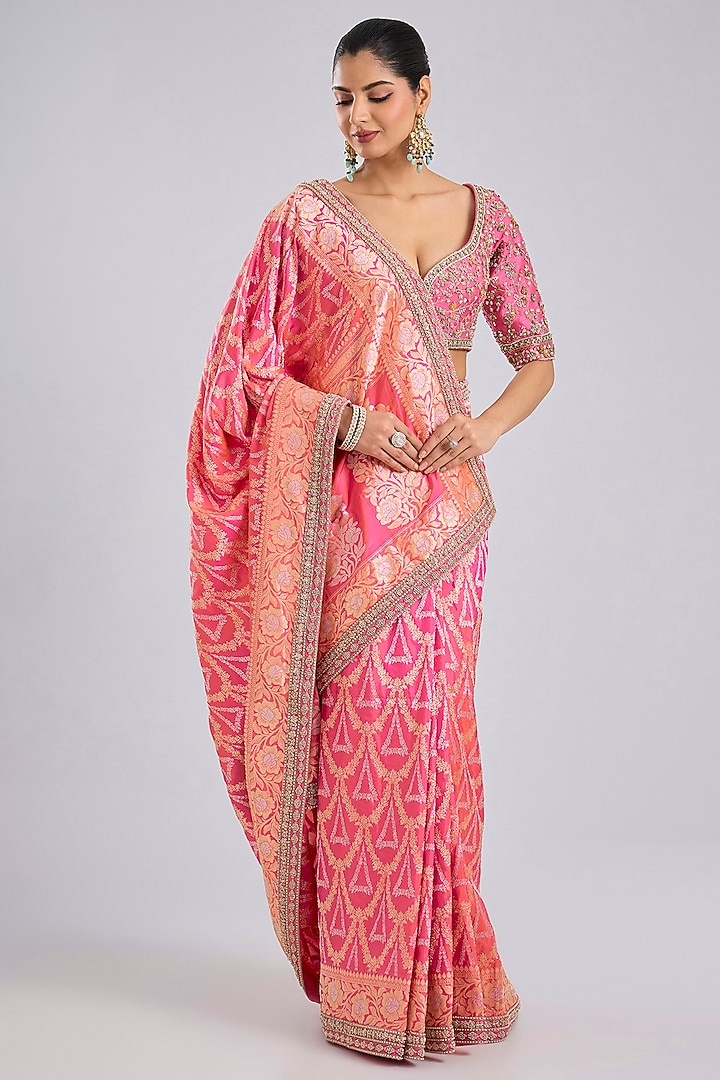 Pink Banarasi Bridal Saree Set by Kalighata at Pernia's Pop Up Shop