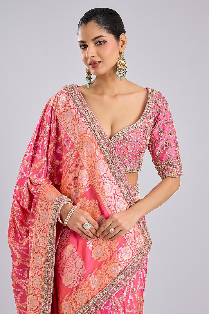 Pink Banarasi Bridal Saree Set by Kalighata at Pernia's Pop Up Shop