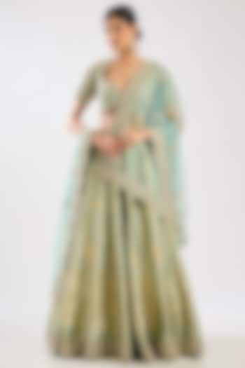 Aqua Banarasi Silk Zardosi Embroidered Bridal Lehenga Set by Kalighata at Pernia's Pop Up Shop