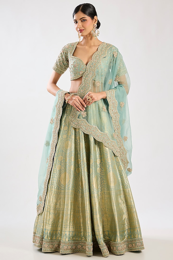 Aqua Banarasi Silk Zardosi Embroidered Bridal Lehenga Set by Kalighata at Pernia's Pop Up Shop