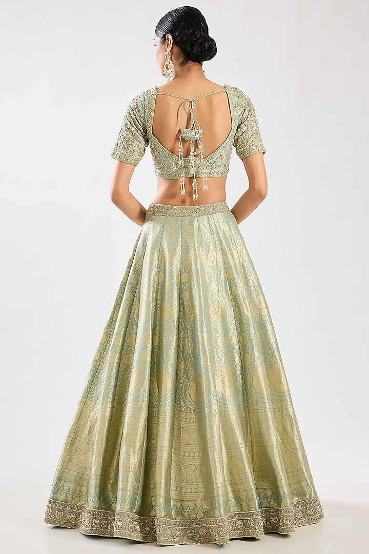 Aqua Banarasi Silk Zardosi Embroidered Bridal Lehenga Set by Kalighata at Pernia's Pop Up Shop