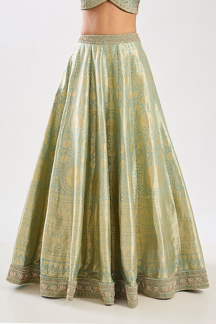 Aqua Banarasi Silk Zardosi Embroidered Bridal Lehenga Set by Kalighata at Pernia's Pop Up Shop