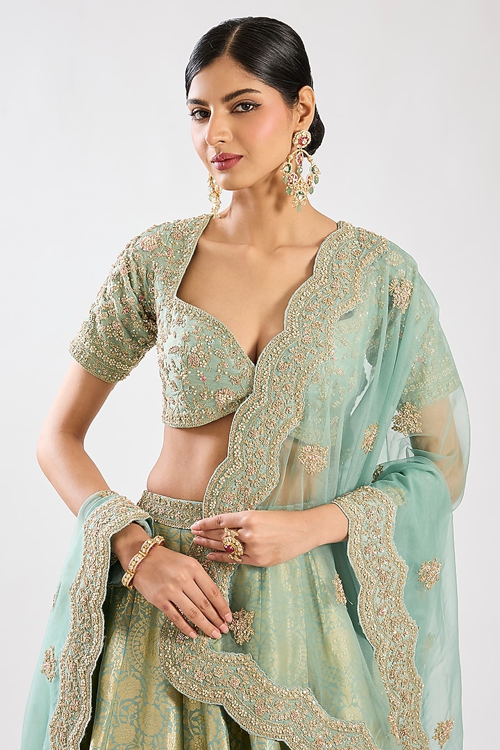 Aqua Banarasi Silk Zardosi Embroidered Bridal Lehenga Set by Kalighata at Pernia's Pop Up Shop