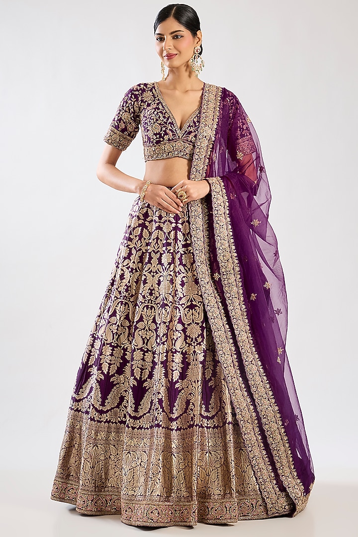 Purple Banarasi Silk Zardosi Embroidered Bridal Lehenga Set by Kalighata at Pernia's Pop Up Shop