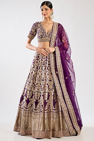 Purple Banarasi Silk Zardosi Embroidered Lehenga Set by Kalighata