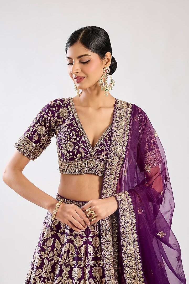 Purple Banarasi Silk Zardosi Embroidered Bridal Lehenga Set by Kalighata at Pernia's Pop Up Shop