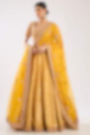 Yellow Banarasi Silk Zardosi Embroidered Bridal Lehenga Set by Kalighata at Pernia's Pop Up Shop