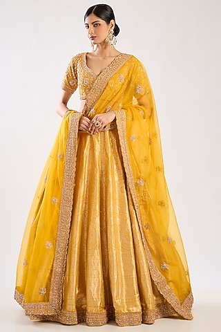 Yellow Banarasi Silk Zardosi Embroidered Lehenga Set by Kalighata