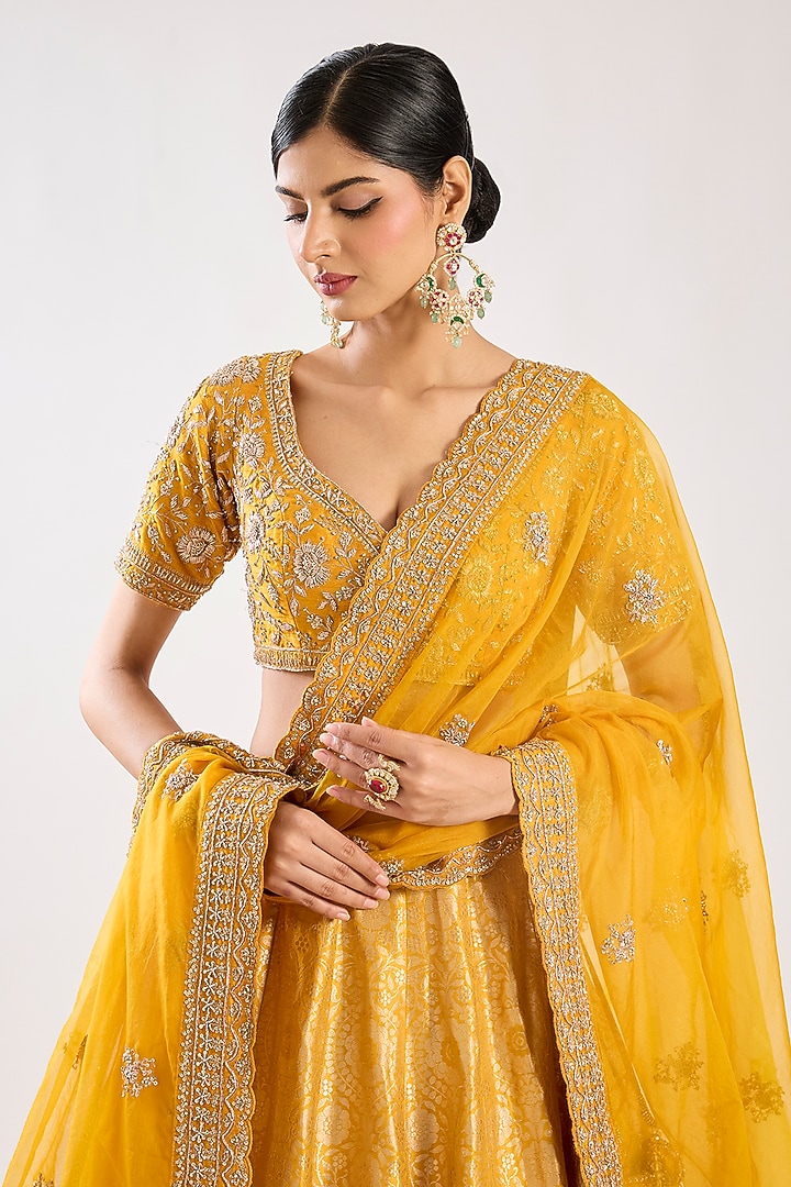 Yellow Banarasi Silk Zardosi Embroidered Bridal Lehenga Set by Kalighata at Pernia's Pop Up Shop