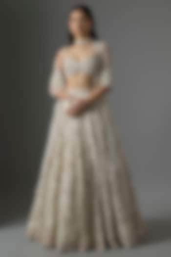 Ivory Net Embroidered Bridal Lehenga Set by Kalighata at Pernia's Pop Up Shop