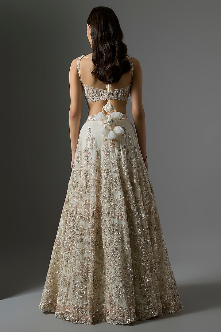 Ivory Net Embroidered Bridal Lehenga Set by Kalighata at Pernia's Pop Up Shop