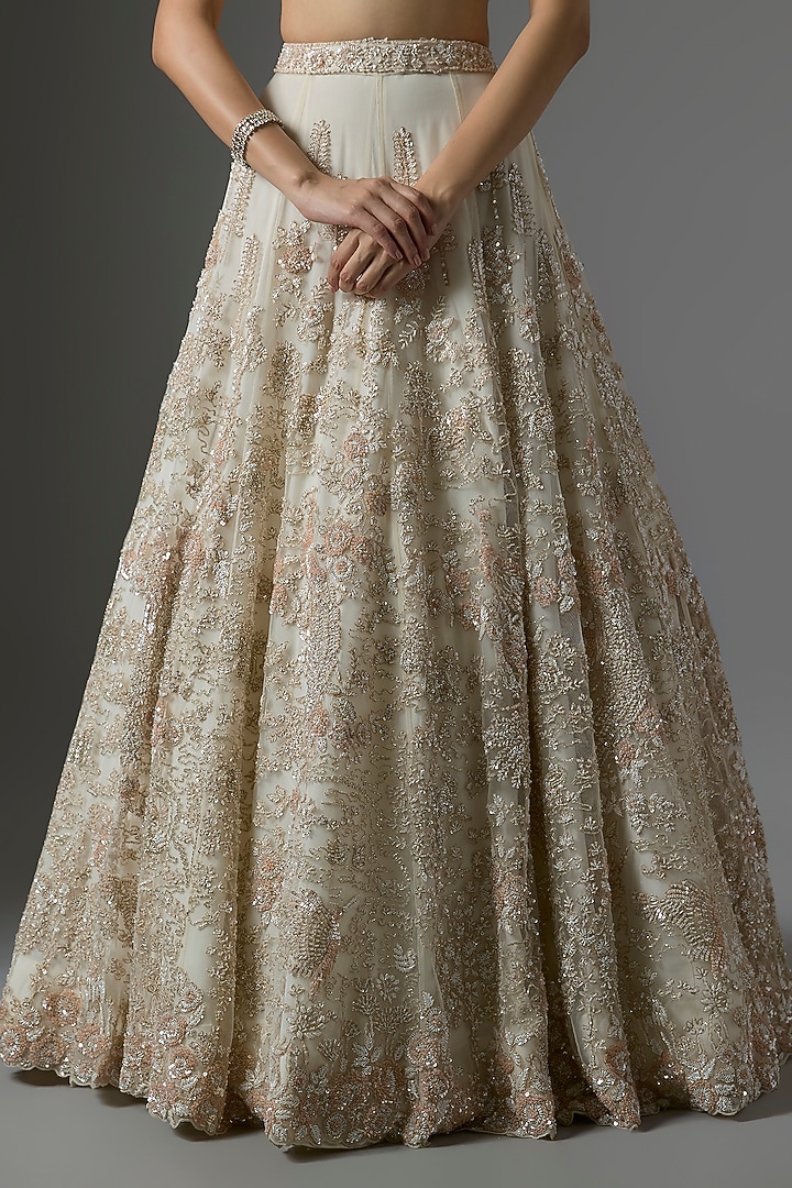 Ivory Net Embroidered Bridal Lehenga Set by Kalighata at Pernia's Pop Up Shop