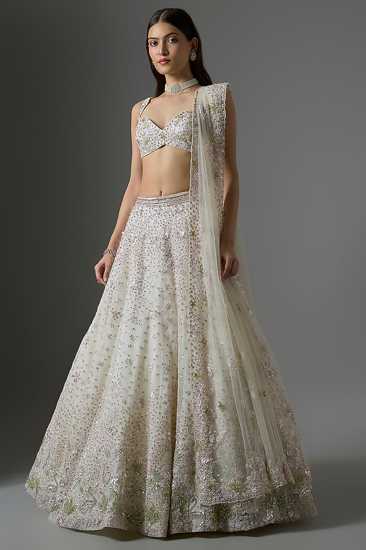 White Net Embroidered Bridal Lehenga Set by Kalighata at Pernia's Pop Up Shop