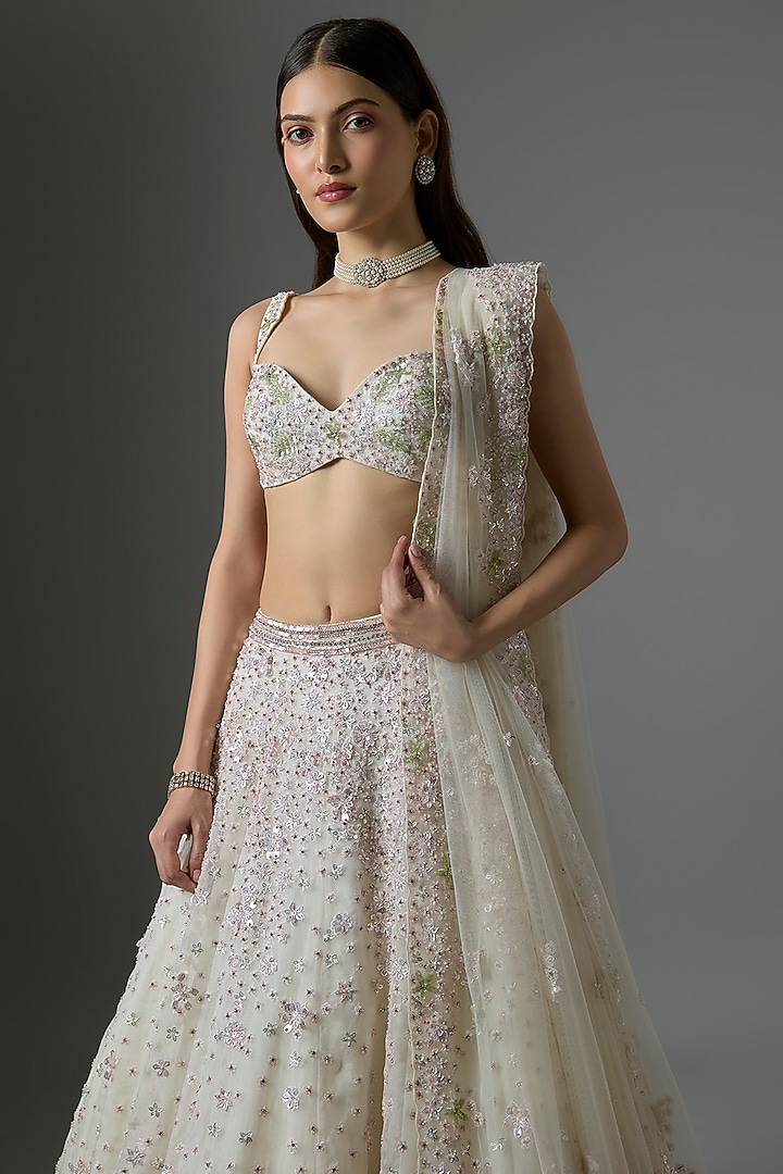 White Net Embroidered Bridal Lehenga Set by Kalighata at Pernia's Pop Up Shop