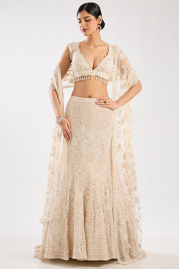 Pink Net Embroidered Bridal Lehenga Set by Kalighata at Pernia's Pop Up Shop