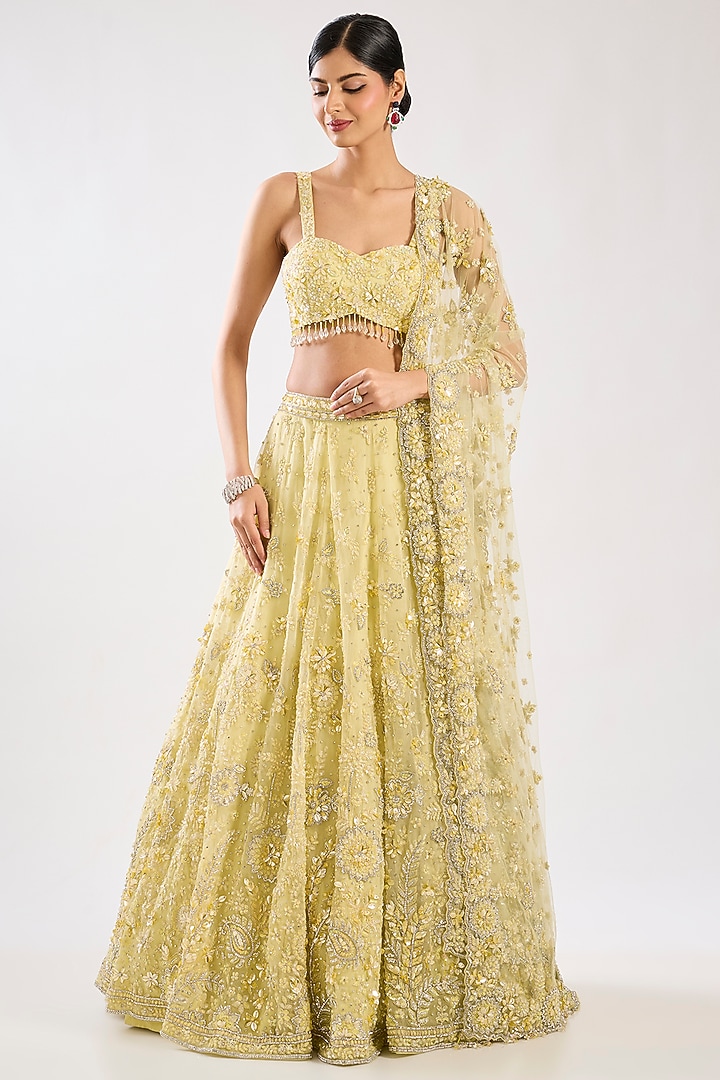 Yellow Net Embroidered Bridal Lehenga Set by Kalighata at Pernia's Pop Up Shop
