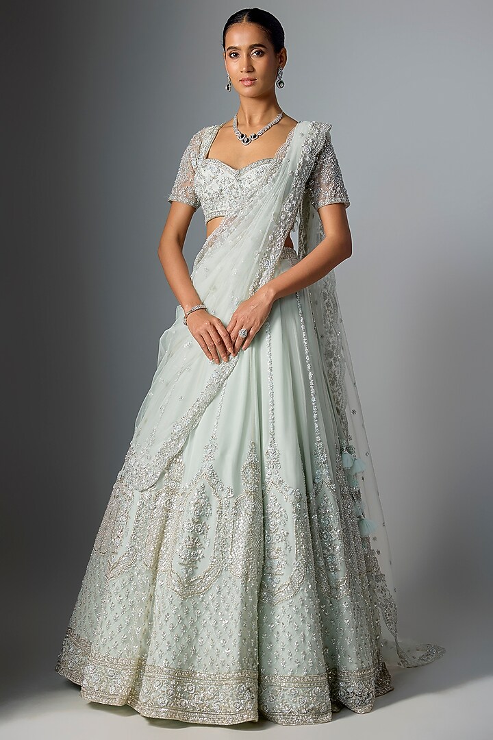 Ice Blue Net Embroidered Bridal Lehenga Set by Kalighata at Pernia's Pop Up Shop