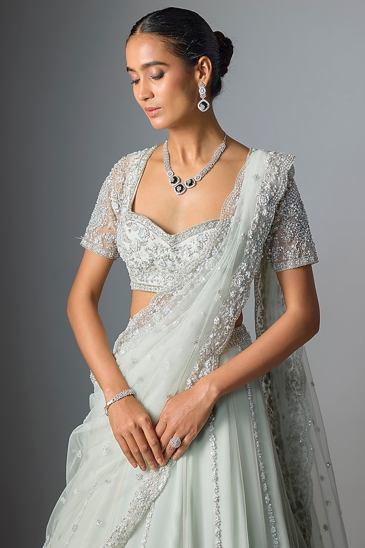 Ice Blue Net Embroidered Bridal Lehenga Set by Kalighata at Pernia's Pop Up Shop