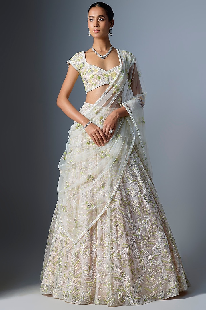 Ivory Organza Embroidered Bridal Lehenga Set by Kalighata at Pernia's Pop Up Shop