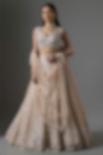 Peach Net Embroidered Bridal Lehenga Set by Kalighata at Pernia's Pop Up Shop