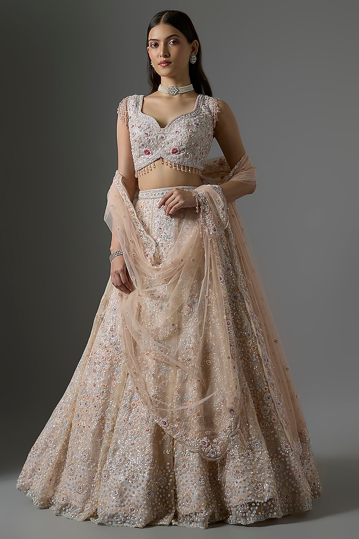 Peach Net Embroidered Bridal Lehenga Set by Kalighata at Pernia's Pop Up Shop