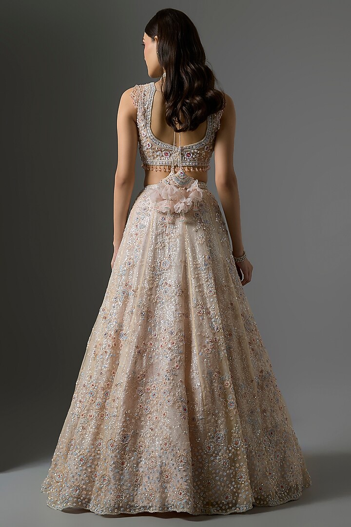 Peach Net Embroidered Bridal Lehenga Set by Kalighata at Pernia's Pop Up Shop