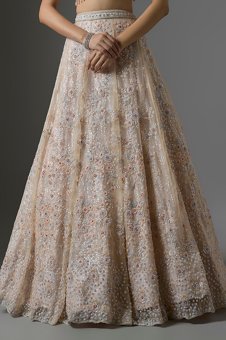 Peach Net Embroidered Bridal Lehenga Set by Kalighata at Pernia's Pop Up Shop