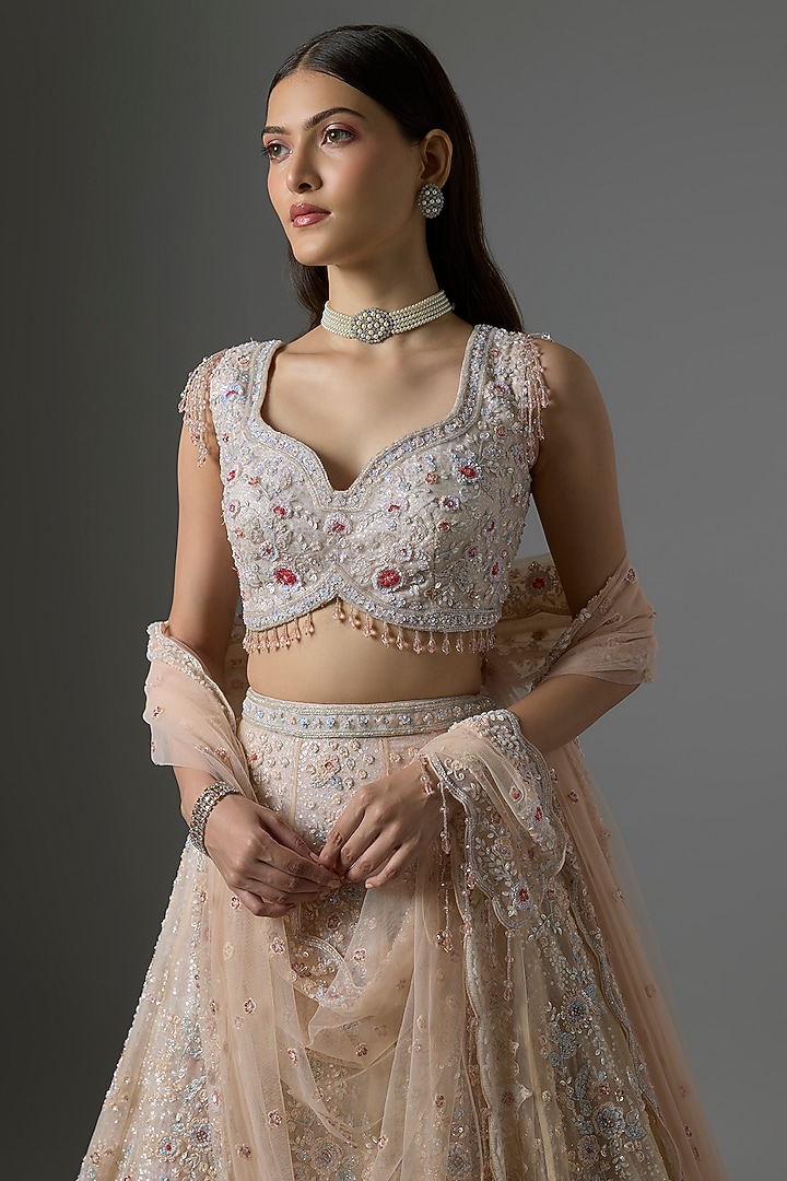 Peach Net Embroidered Bridal Lehenga Set by Kalighata at Pernia's Pop Up Shop