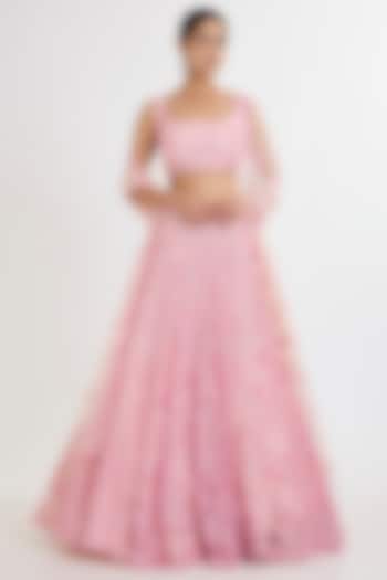 Pink Net Zardosi Hand & Machine Embroidered Bridal Lehenga Set by Kalighata at Pernia's Pop Up Shop
