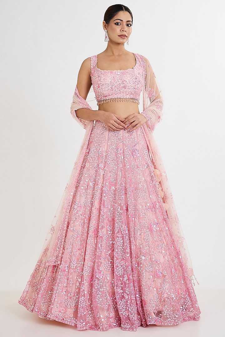Pink Net Zardosi Hand & Machine Embroidered Bridal Lehenga Set by Kalighata at Pernia's Pop Up Shop