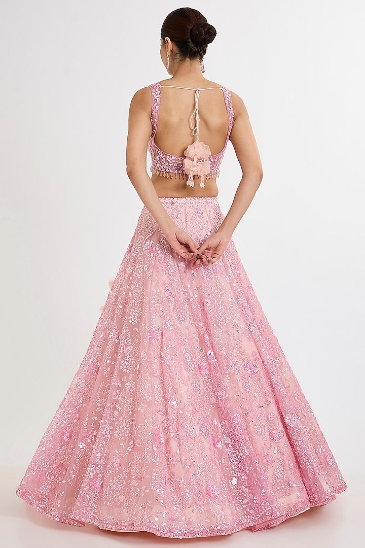 Pink Net Zardosi Hand & Machine Embroidered Bridal Lehenga Set by Kalighata at Pernia's Pop Up Shop