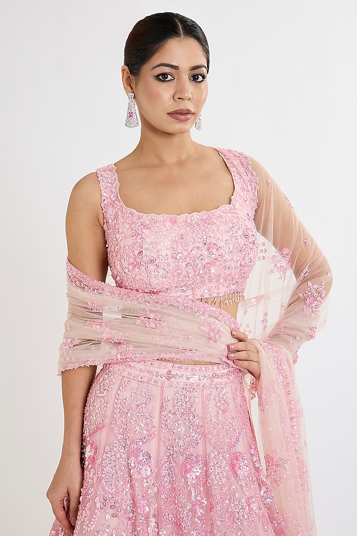 Pink Net Zardosi Hand & Machine Embroidered Bridal Lehenga Set by Kalighata at Pernia's Pop Up Shop
