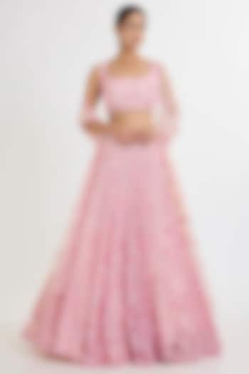 Pink Net Hand & Machine Embroidered Bridal Lehenga Set by Kalighata at Pernia's Pop Up Shop