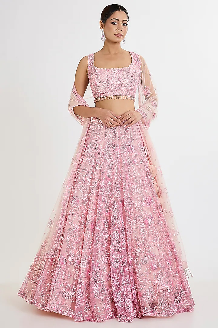 Pink Net Hand & Machine Embroidered Bridal Lehenga Set by Kalighata at Pernia's Pop Up Shop