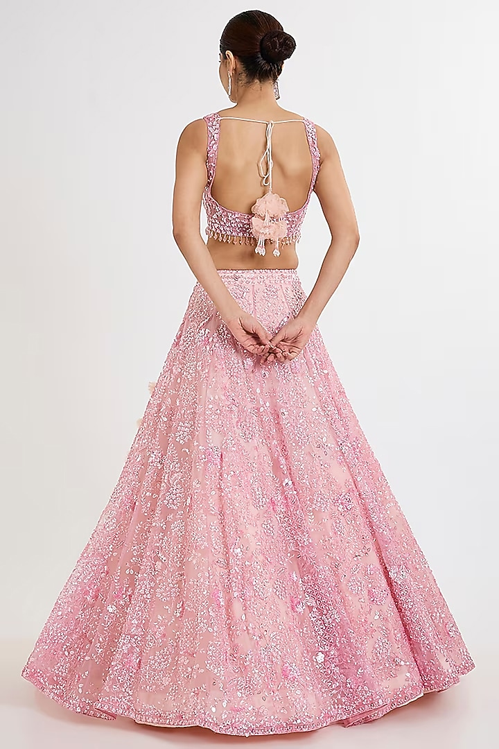 Pink Net Hand & Machine Embroidered Bridal Lehenga Set by Kalighata at Pernia's Pop Up Shop