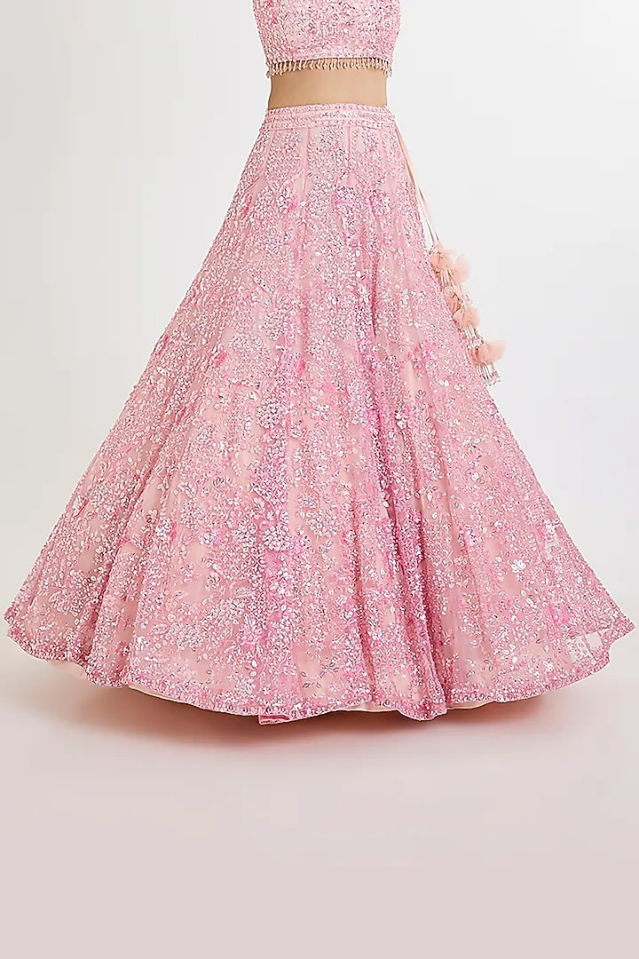 Pink Net Hand & Machine Embroidered Bridal Lehenga Set by Kalighata at Pernia's Pop Up Shop