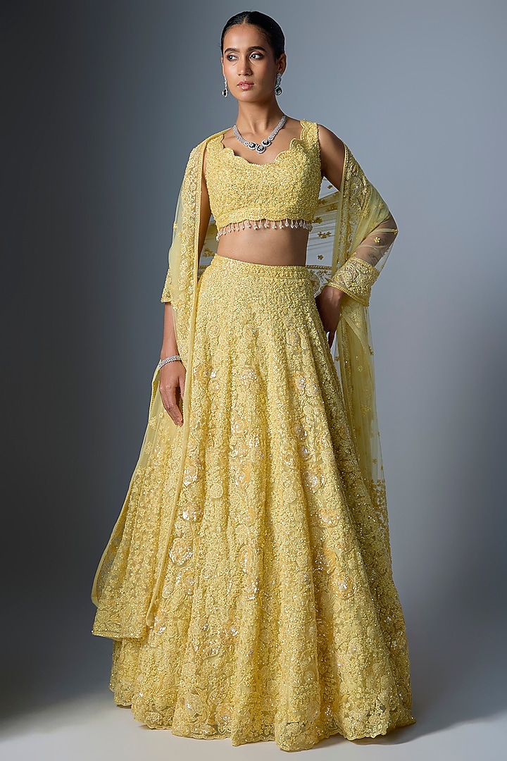 Lime Organza Embroidered Bridal Lehenga Set by Kalighata at Pernia's Pop Up Shop