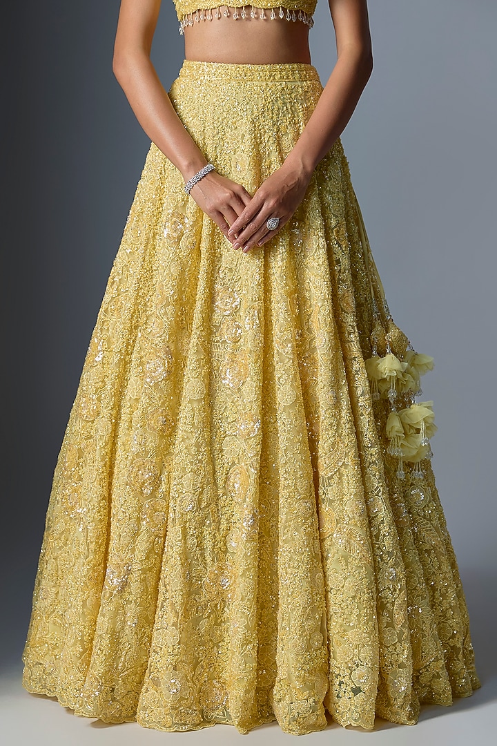 Lime Organza Embroidered Bridal Lehenga Set by Kalighata at Pernia's Pop Up Shop