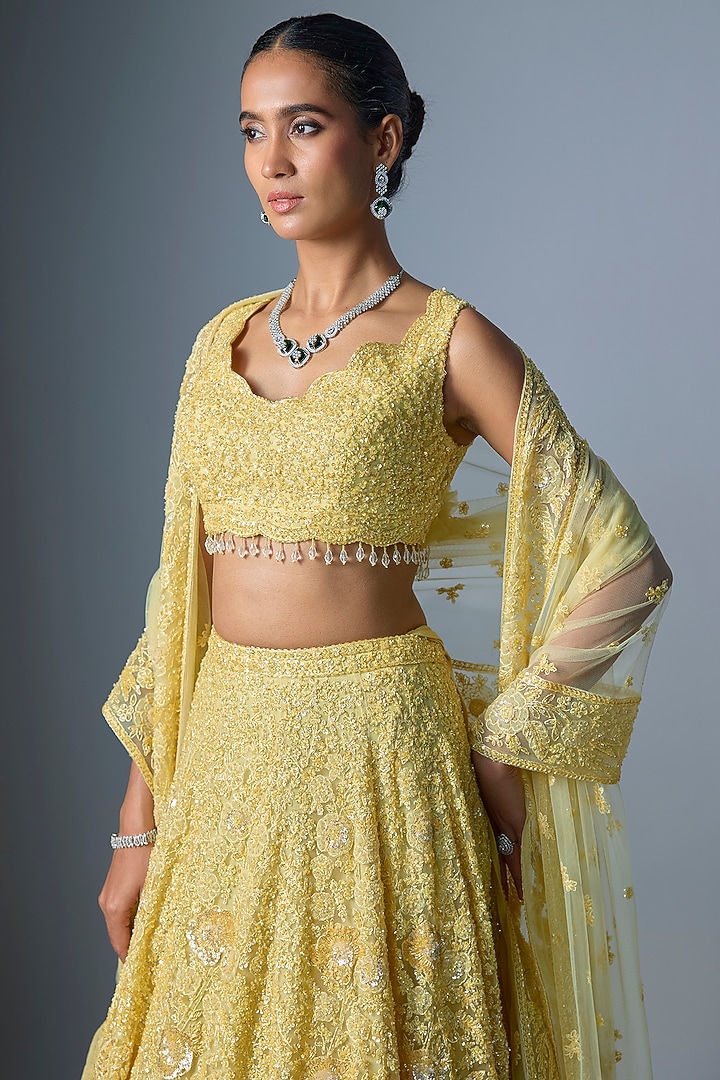 Lime Organza Embroidered Bridal Lehenga Set by Kalighata at Pernia's Pop Up Shop