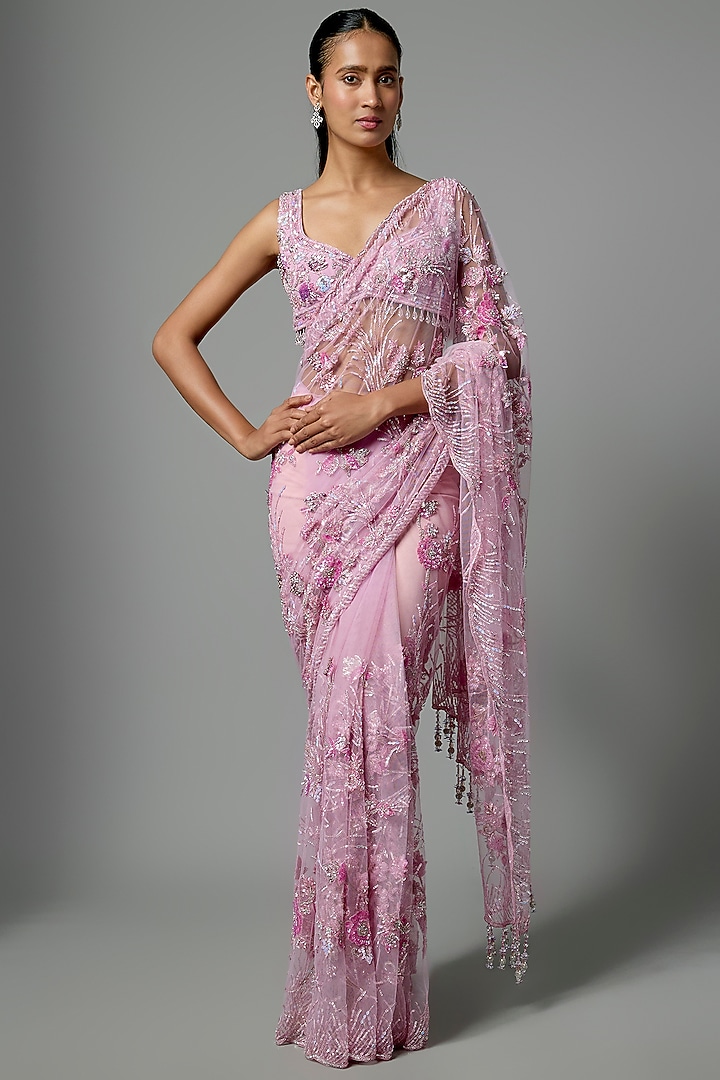 Lilac Tissue Embroidered Bridal Saree Set by Kalighata at Pernia's Pop Up Shop