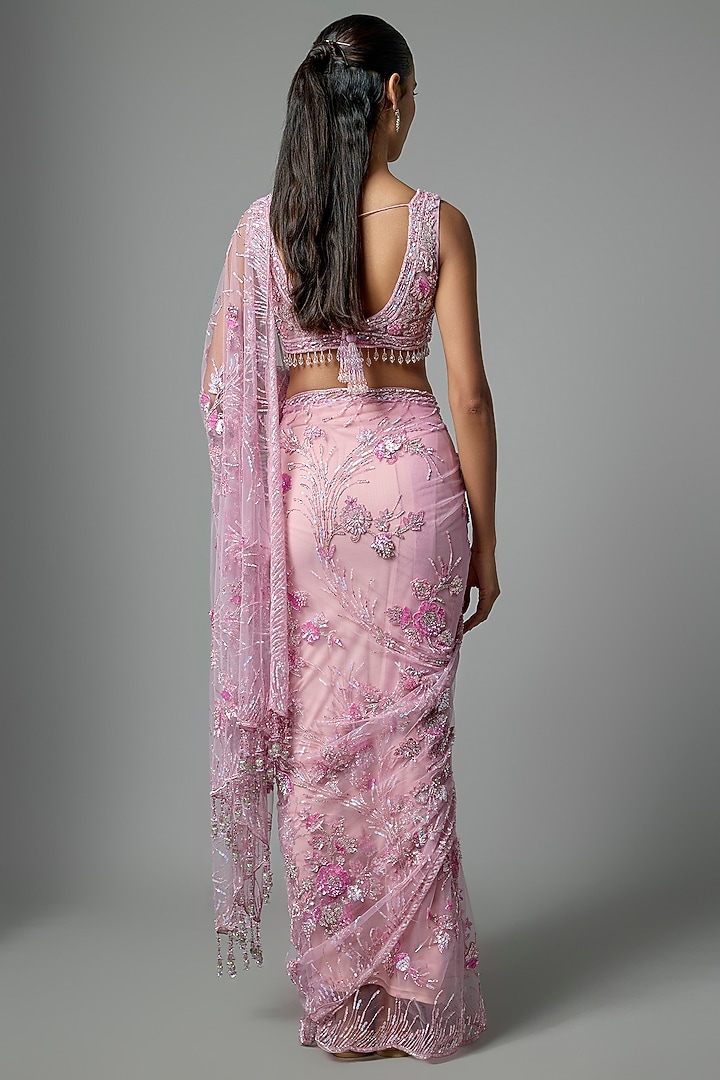 Lilac Tissue Embroidered Bridal Saree Set by Kalighata at Pernia's Pop Up Shop