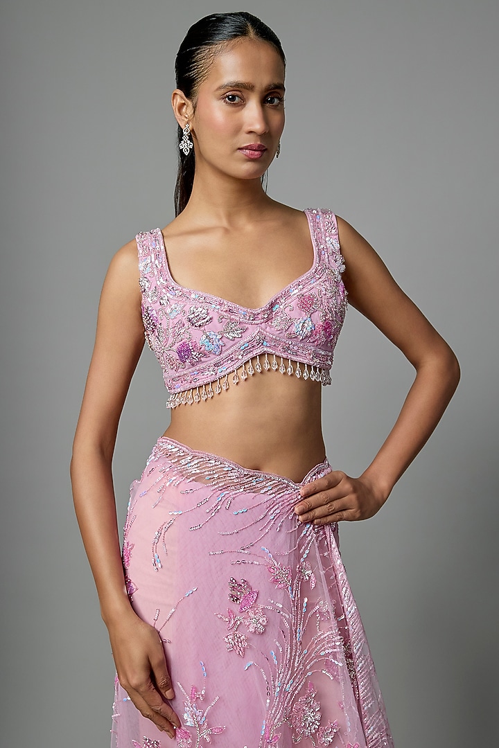 Lilac Tissue Embroidered Bridal Saree Set by Kalighata at Pernia's Pop Up Shop