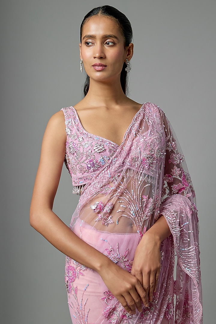 Lilac Tissue Embroidered Bridal Saree Set by Kalighata at Pernia's Pop Up Shop